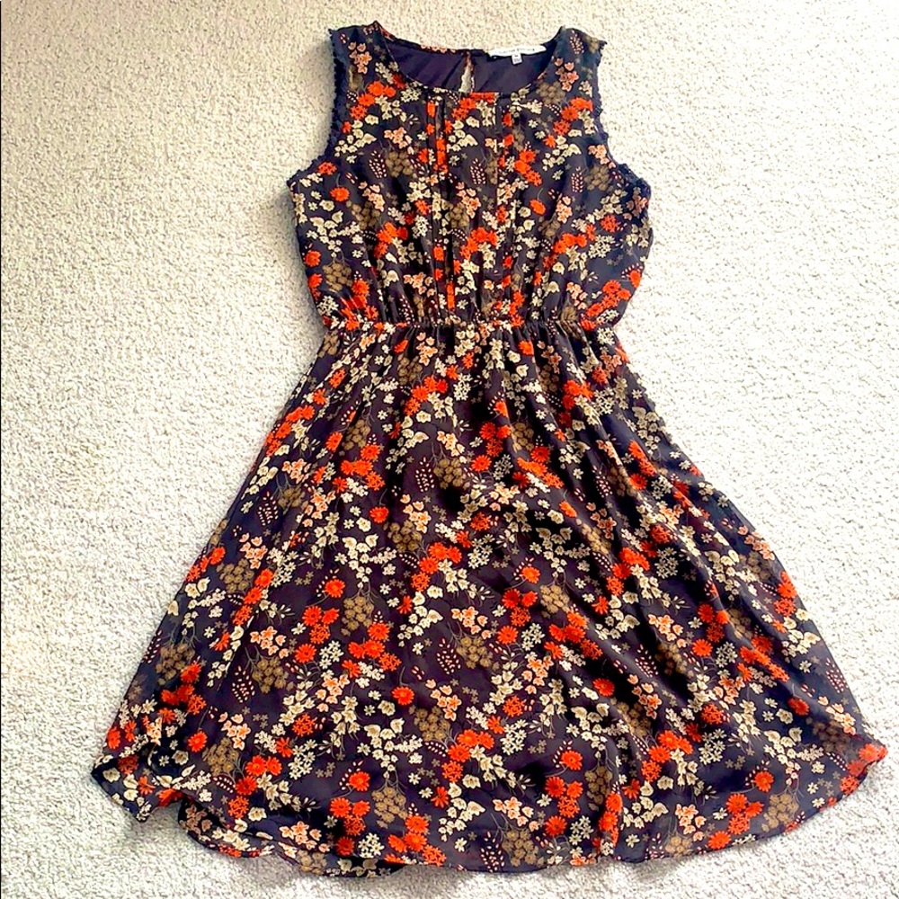 Collective Concepts Navy Floral Sleeveless Dress with Orange & Cream Flowers